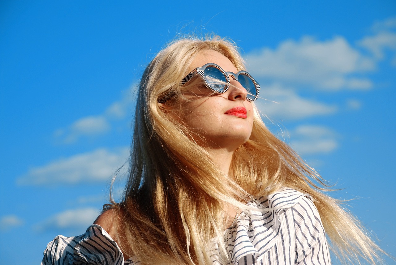 young woman, glasses, hair, woman, portrait, fashion, sun, sky, style, summer, clothes, model, nature